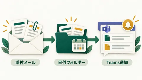 添付メールから日付フォルダーへファイルを保存し、Teamsへ通知する流れの図解。