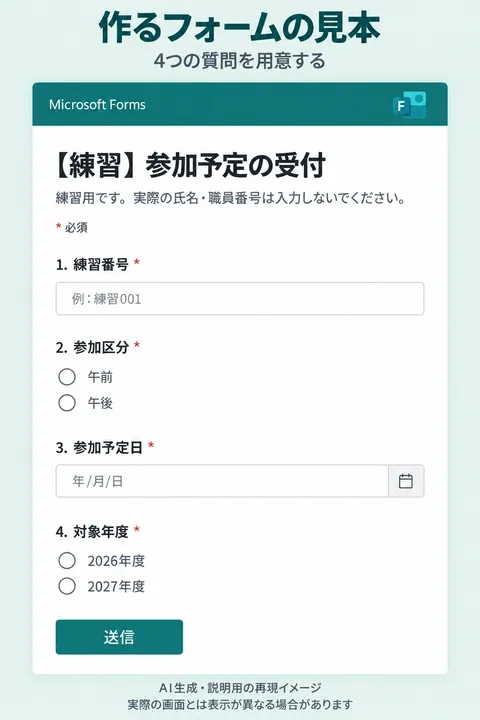 Formsの完成見本。練習番号、参加区分、参加予定日、対象年度の4問が並ぶ生成画像。